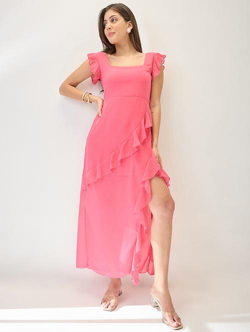 globus women pink square neck cap sleeves asymmetric ruffle hem maxi a-line dress - 21767530 - Standard Image - 0