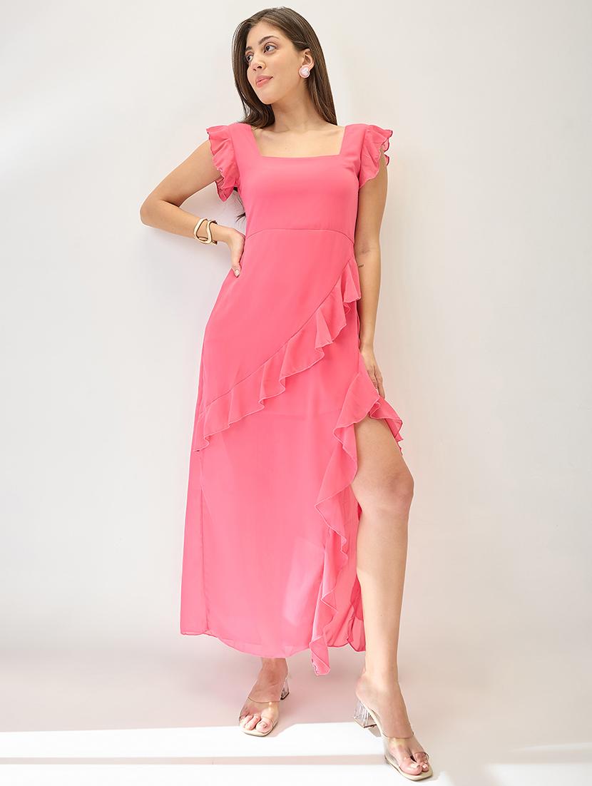 globus women pink square neck cap sleeves asymmetric ruffle hem maxi a-line dress - 21767530 - Zoom Image - 0