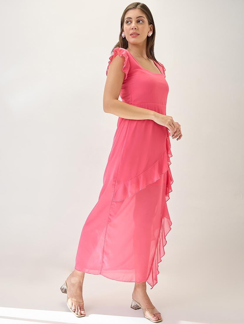 globus women pink square neck cap sleeves asymmetric ruffle hem maxi a-line dress - 21767530 - Standard Image - 1