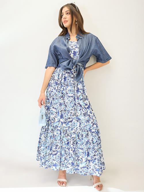 globus women blue paisley printed v-neck strappy sleeves tiered fit & flare maxi dress - 21767532 -  Standard Image - 0