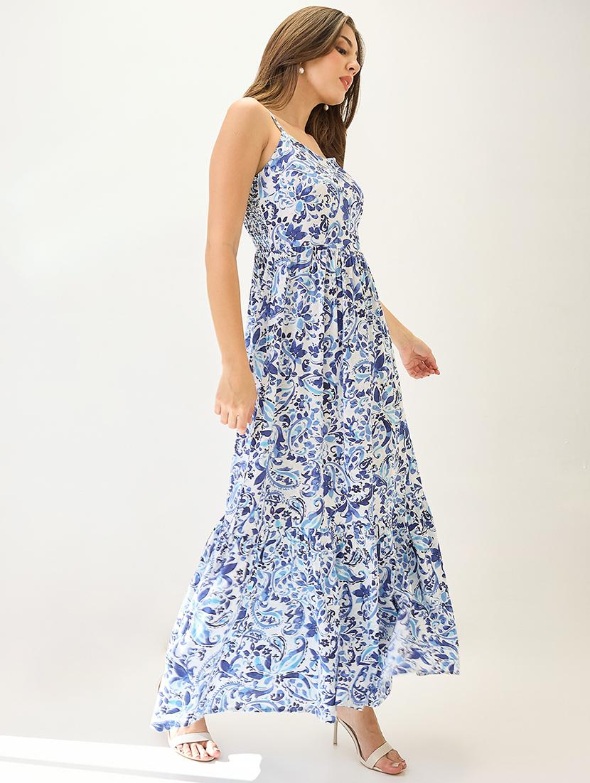 globus women blue paisley printed v-neck strappy sleeves tiered fit & flare maxi dress - 21767532 - Standard Image - 1