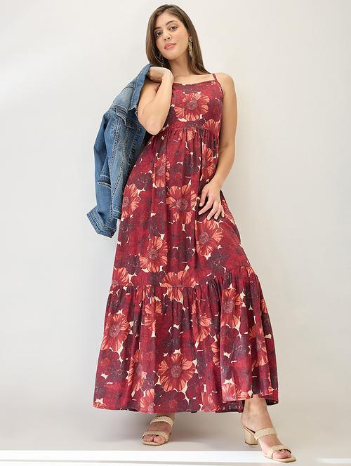 globus women blue floral printed v-neck strappy sleeves tiered fit & flare maxi dress - 21767533 -  Standard Image - 0