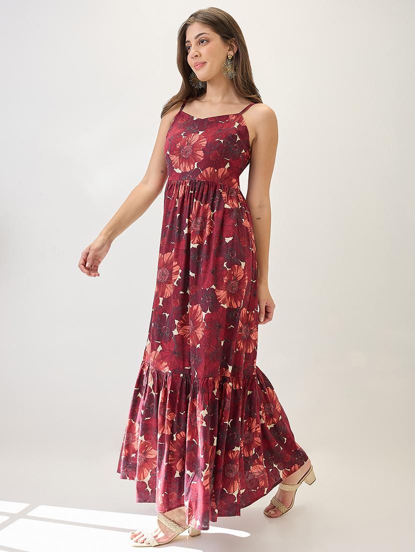 globus women blue floral printed v-neck strappy sleeves tiered fit & flare maxi dress - 21767533 - Standard Image - 1