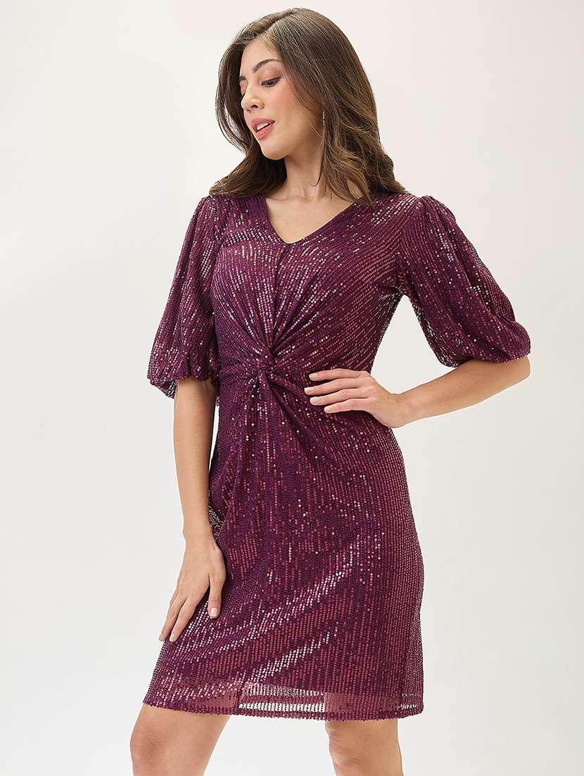 globus women burgundy v-neck puff sleeves twisted detail sequinned mini sheath party dress