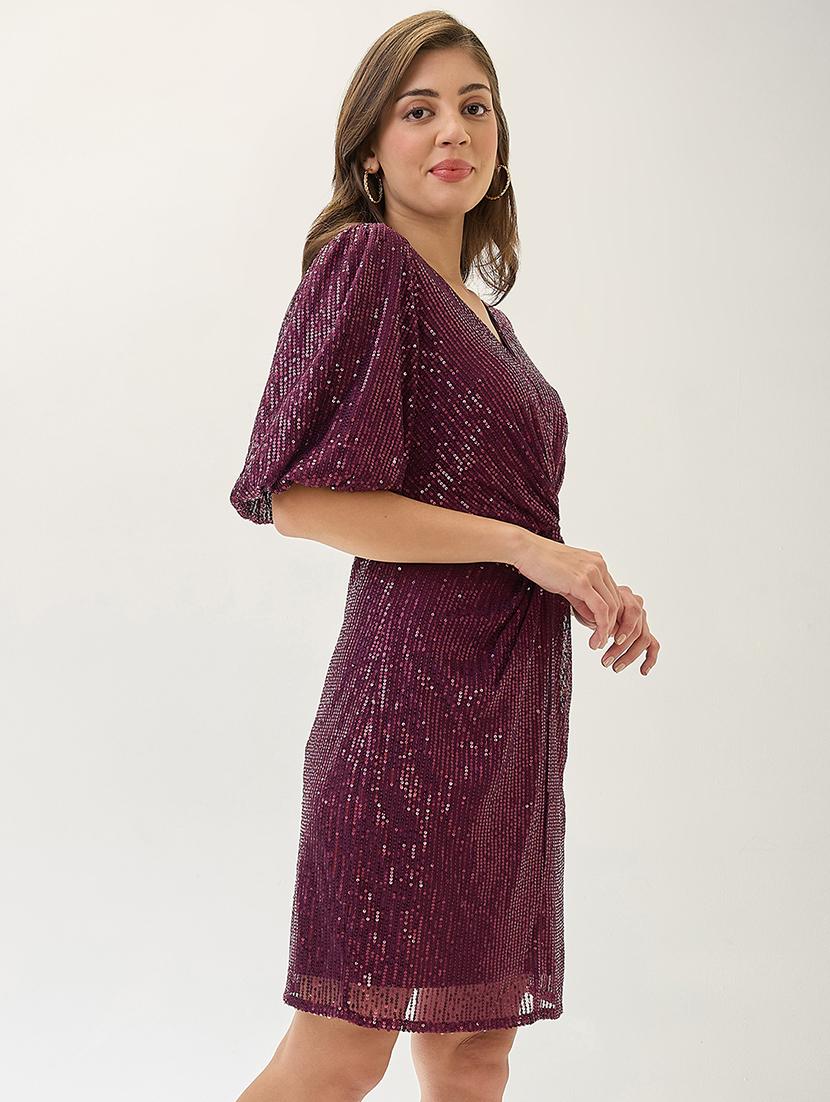 globus women burgundy v-neck puff sleeves twisted detail sequinned mini sheath party dress - 21767534 - Standard Image - 1