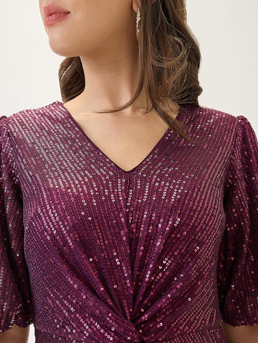 globus women burgundy v-neck puff sleeves twisted detail sequinned mini sheath party dress - 21767534 - Standard Image - 4