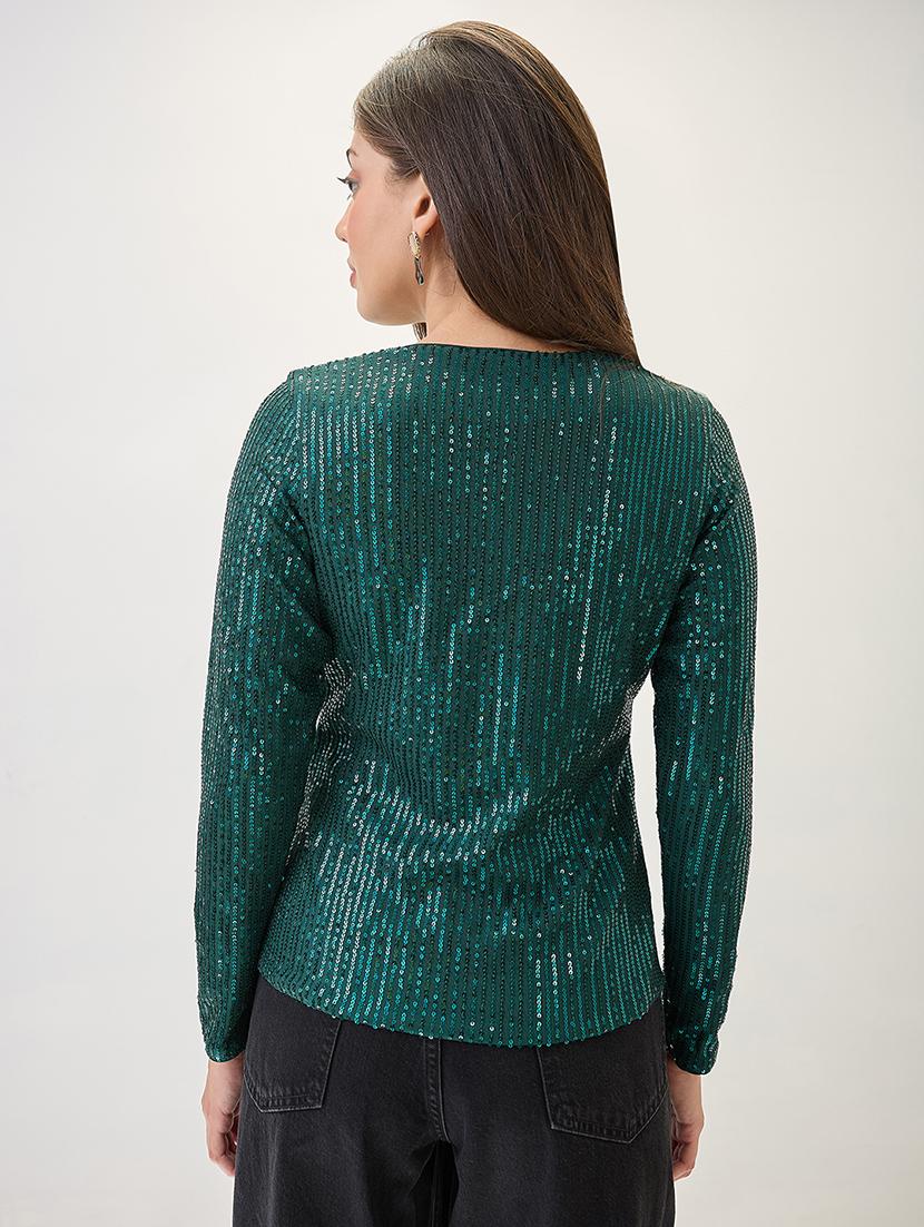 globus women green v-neck long sleeves embellished party top - 21767536 -  Standard Image - 1