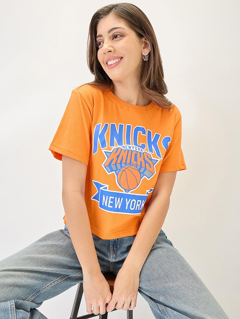 globus women orange typography printed round neck cotton oversized trendy crop t-shirt - 21767539 - Zoom Image - 0