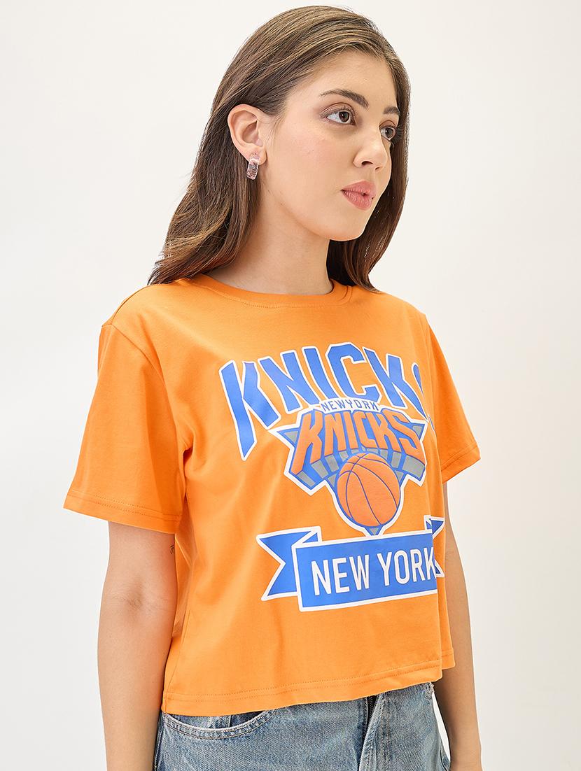 globus women orange typography printed round neck cotton oversized trendy crop t-shirt - 21767539 -  Standard Image - 1