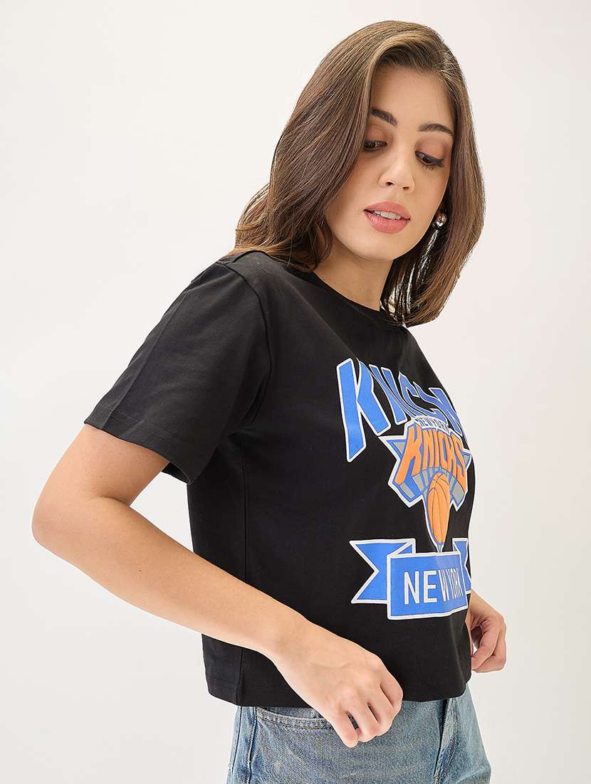 globus women black typography printed round neck cotton oversized trendy crop t-shirt - 21767540 -  Standard Image - 1