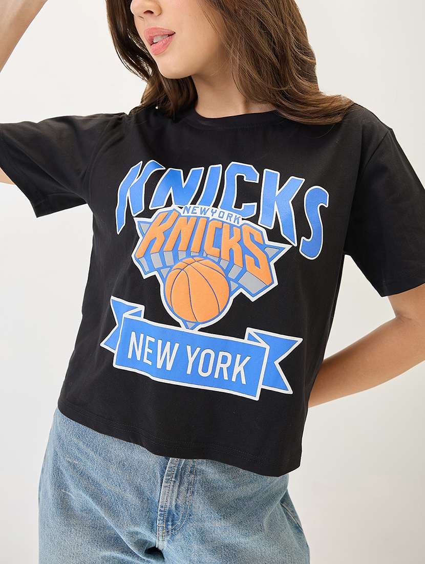 globus women black typography printed round neck cotton oversized trendy crop t-shirt - 21767540 -  Standard Image - 4