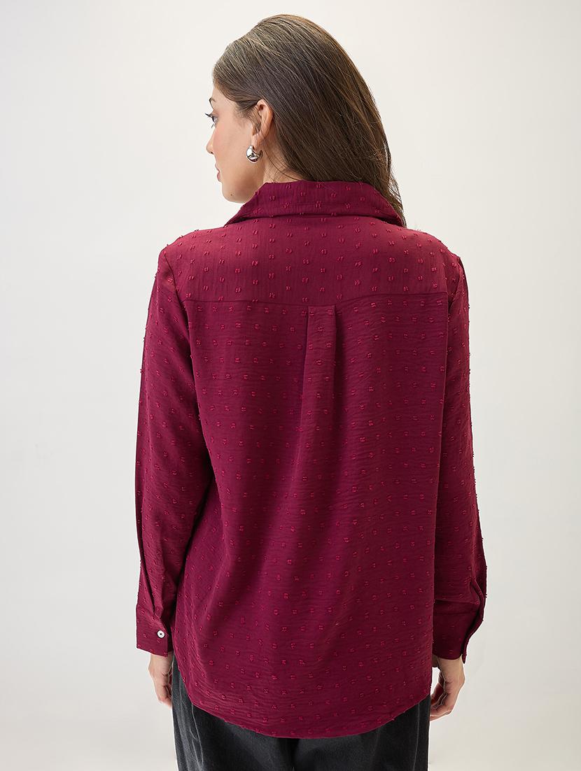 globus women maroon cuffed sleeves self design chest pocket curved hem shirt - 21767547 - Standard Image - 1