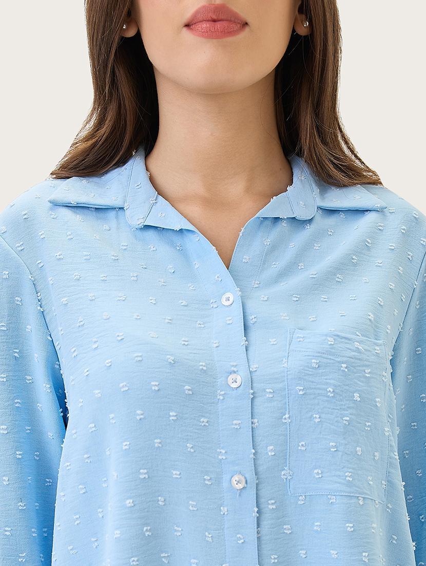 globus women blue cuffed sleeves self design chest pocket curved hem shirt - 21767548 - Standard Image - 4