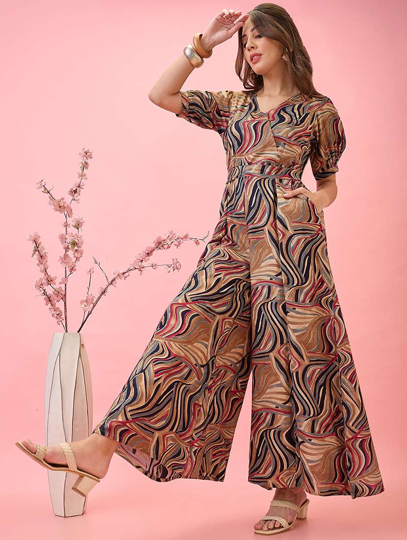 globus women multi-colour abstract print v-neck puff sleeves belted fusion jumpsuit - 21767549 -  Standard Image - 1