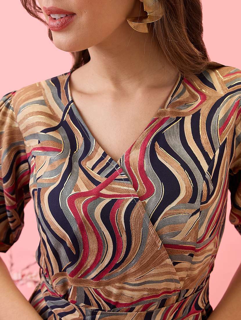 globus women multi-colour abstract print v-neck puff sleeves belted fusion jumpsuit - 21767549 -  Standard Image - 4