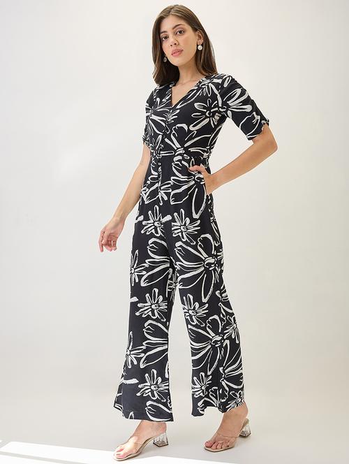 globus women black v-neck ruched sleeves floral print longline jumpsuit - 21767552 - Standard Image - 0