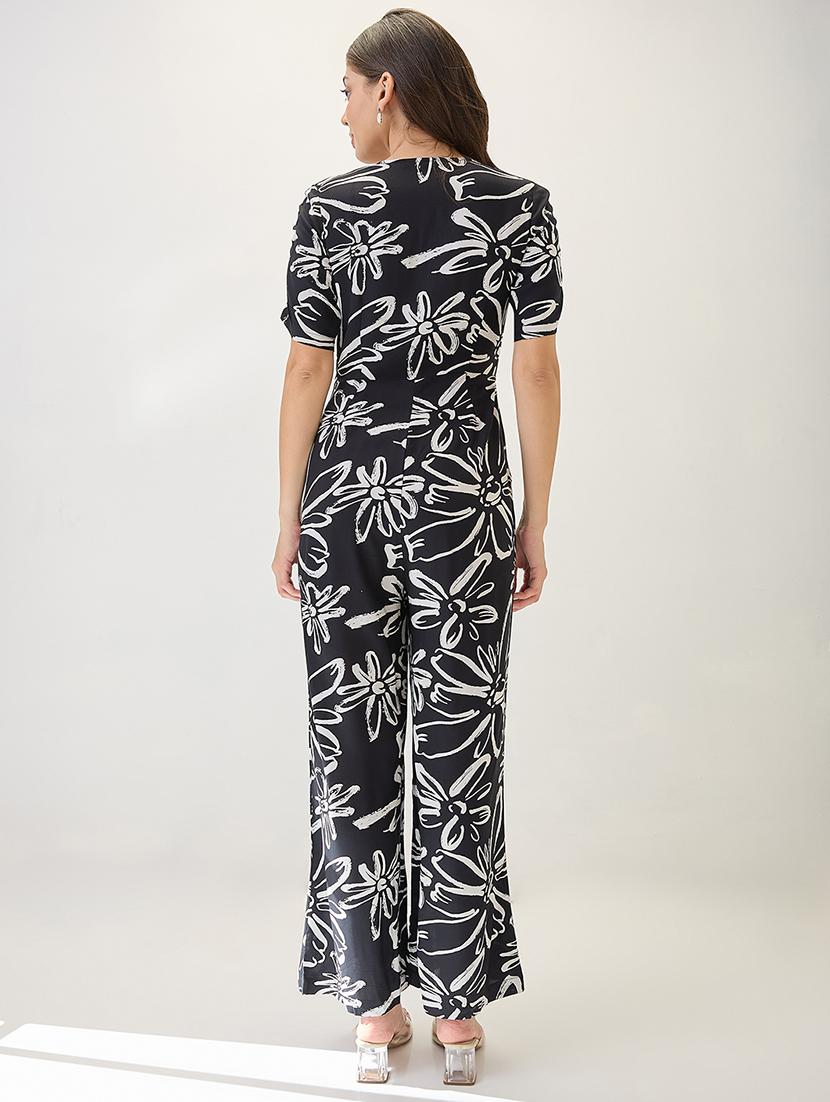 globus women black v-neck ruched sleeves floral print longline jumpsuit - 21767552 - Standard Image - 1