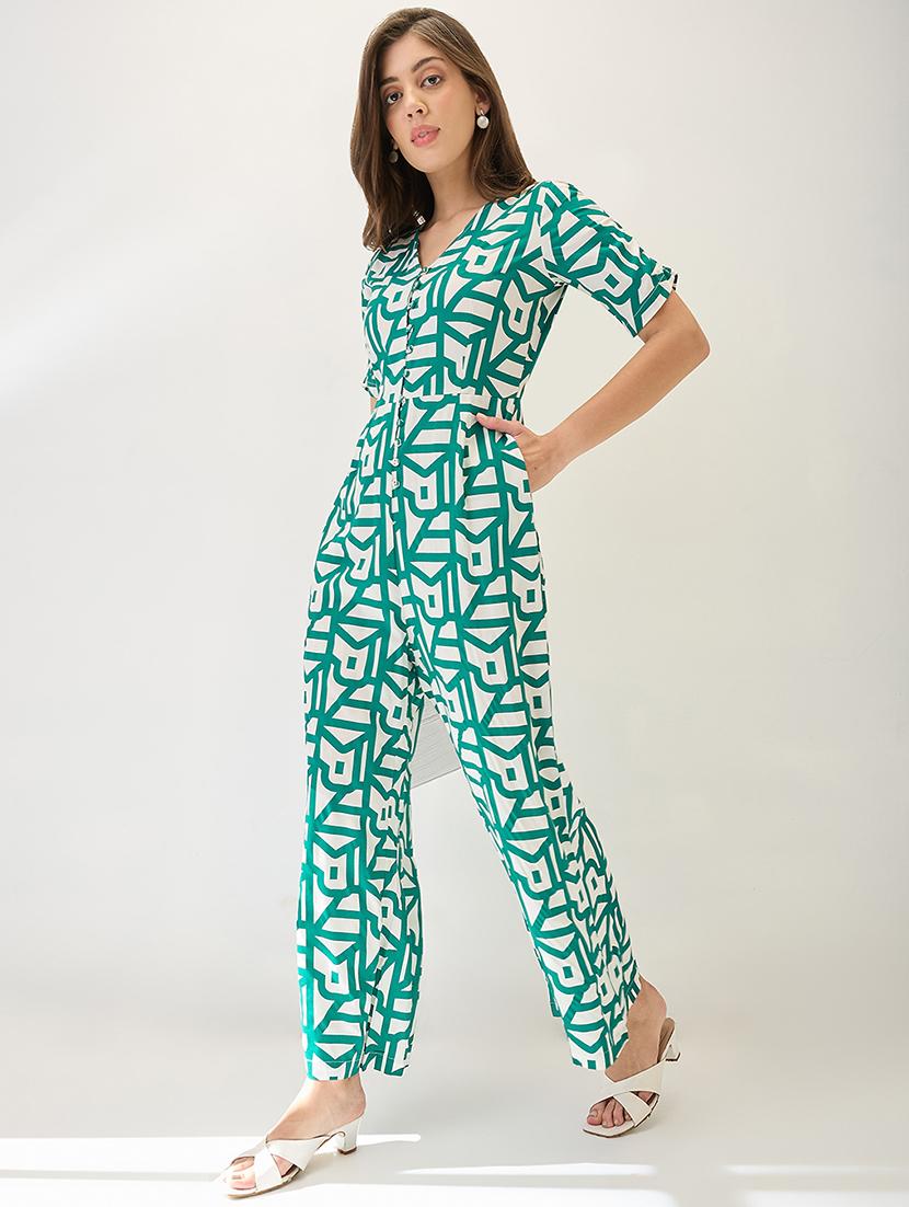 globus women green v-neck ruched sleeves abstract print longline jumpsuit - 21767553 - Standard Image - 1
