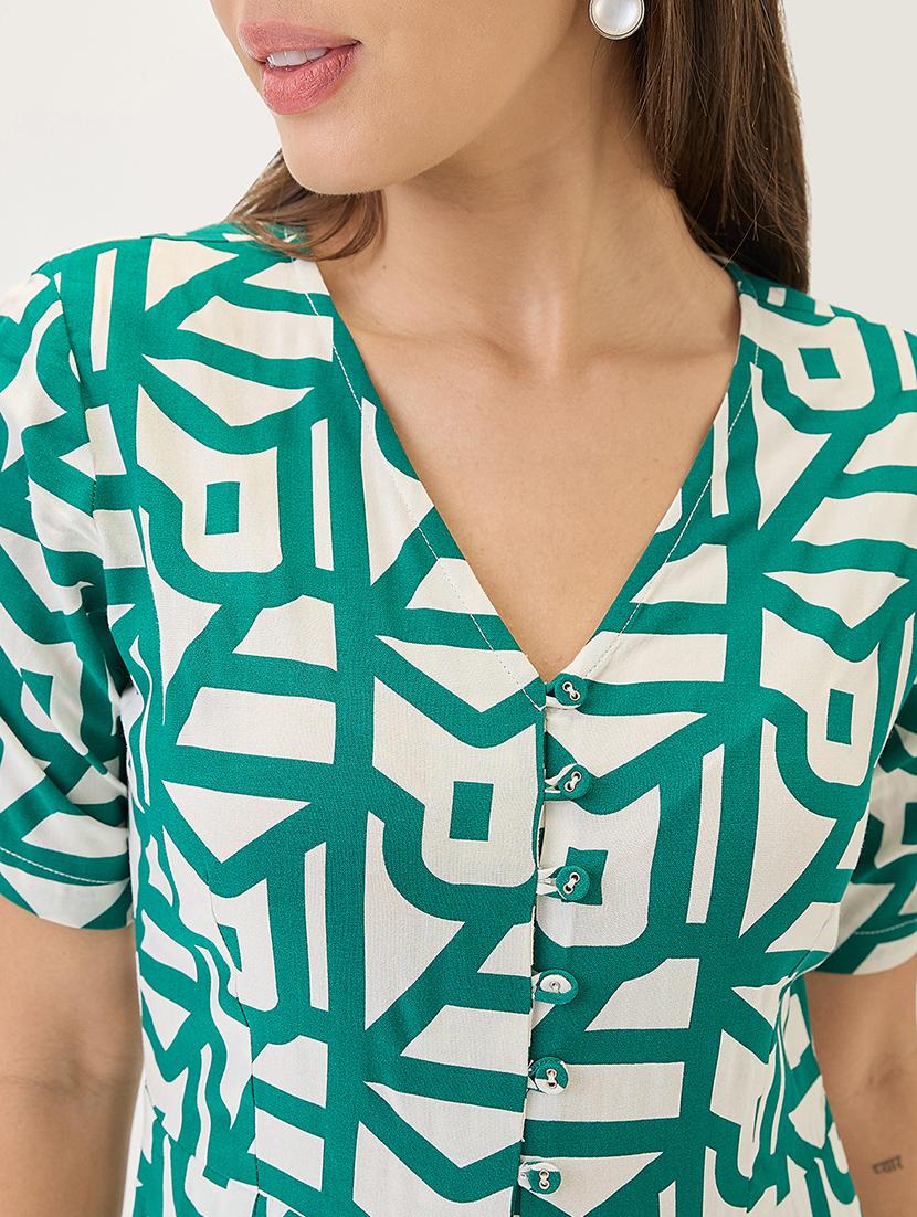 globus women green v-neck ruched sleeves abstract print longline jumpsuit - 21767553 - Standard Image - 4