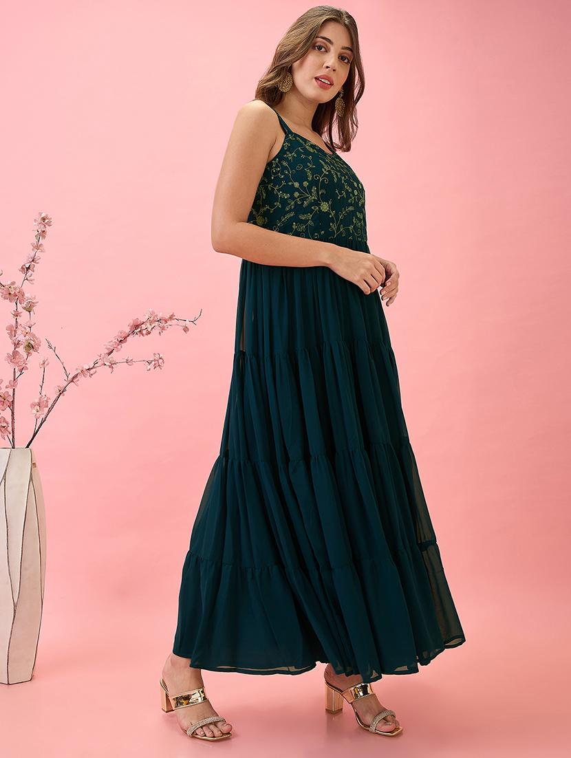 globus women teal strappy sleeves v-neck sequinned floral embroidered georgette a-line tiered maxi dress - 21767557 - Standard Image - 1