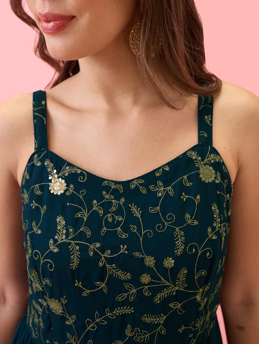 globus women teal strappy sleeves v-neck sequinned floral embroidered georgette a-line tiered maxi dress - 21767557 - Standard Image - 4