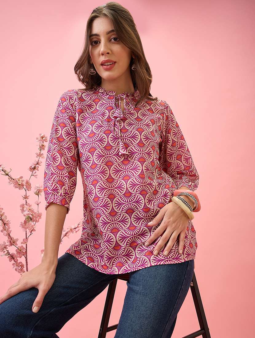globus women pink frilled tie-up neck ethnic print curved hem workwear tunic - 21767559 -  Standard Image - 1