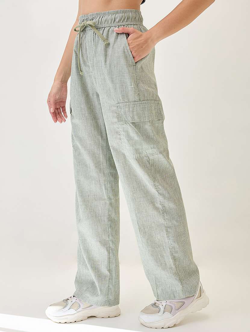 globus women light green self design checkered drawstring waist cargo trousers - 21767560 -  Standard Image - 1