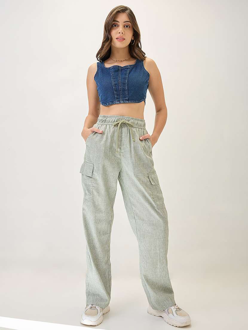 globus women light green self design checkered drawstring waist cargo trousers - 21767560 -  Standard Image - 4