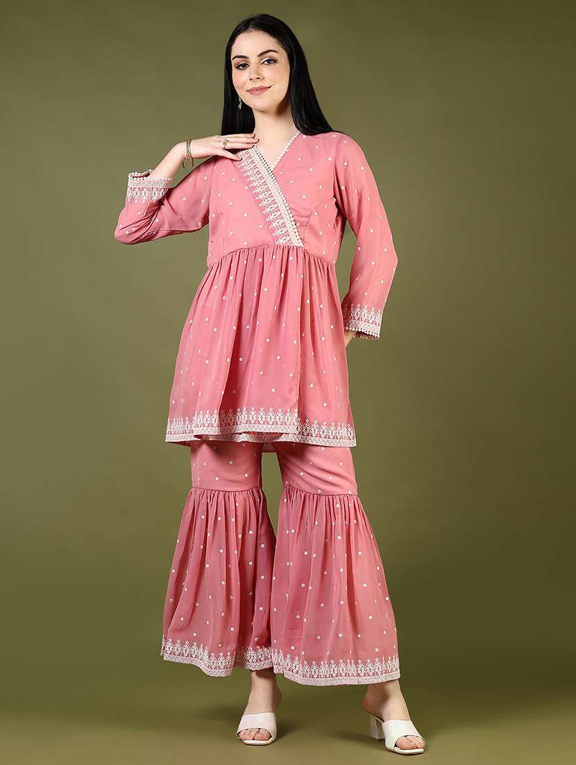 women embroidered angrakha kurta and printed sharara set - 21767730 - Standard Image - 1