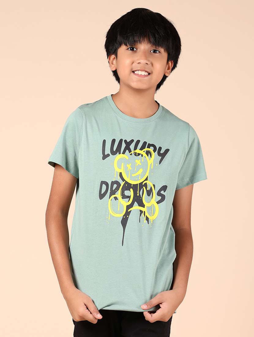 boys green front print round neck t-shirt - 21767731 - Standard Image - 1