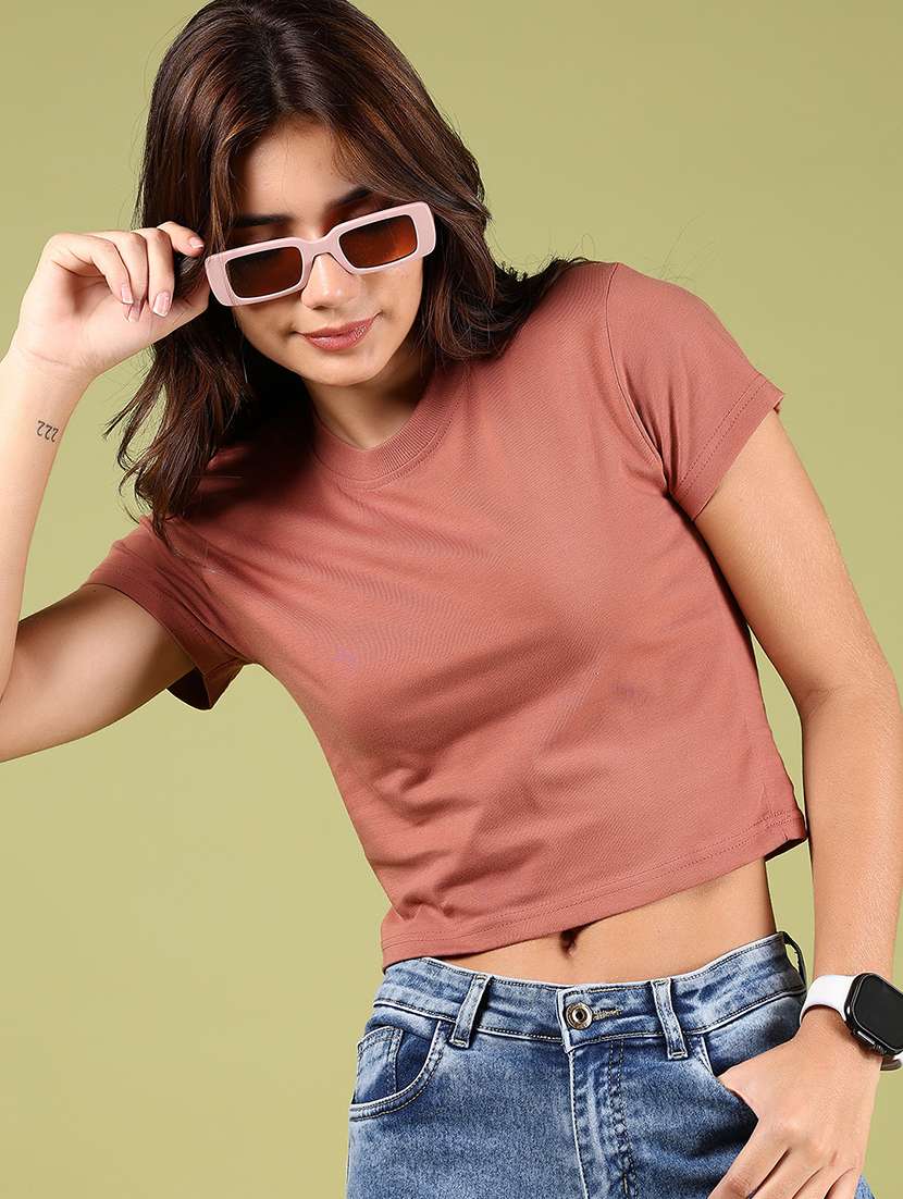 women solid short sleeves crop t-shirt