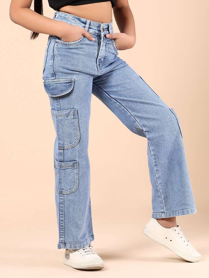 girls solid mid rise denim cargo - 21767874 - Standard Image - 1