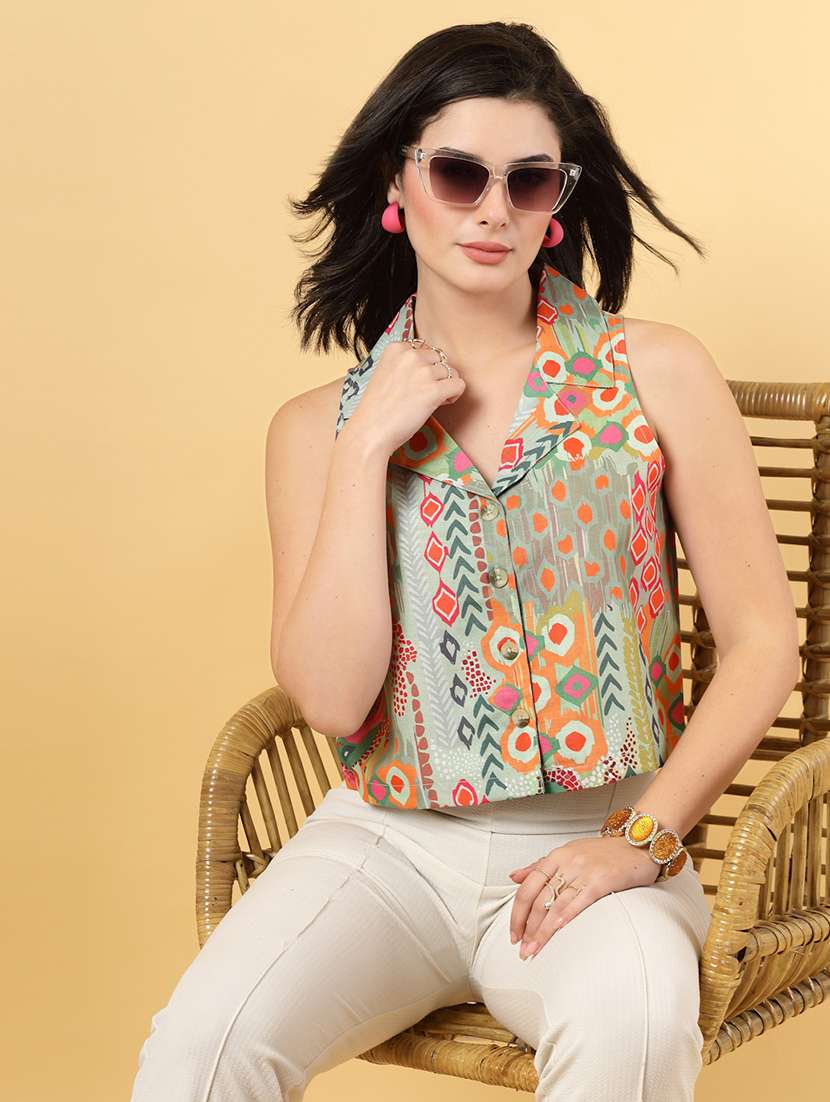 women green printed sleeveless top