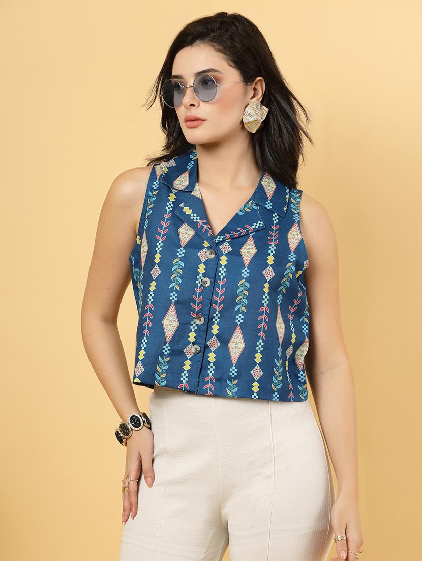 women blue printed sleeveless top - 21768062 -  Zoom Image - 0