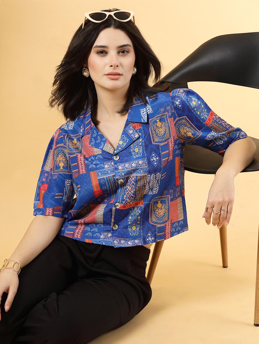 women blue printed short sleeve top