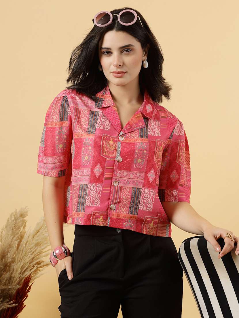 women pink printed short sleeve top