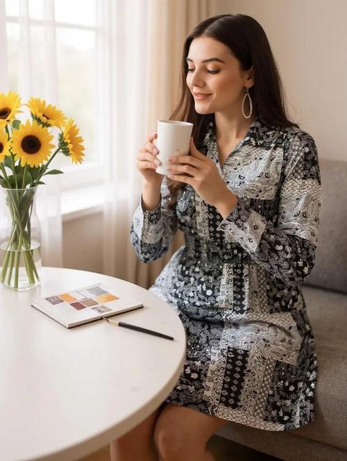 women printed collared long a-line dress - 21768151 -  Standard Image - 0