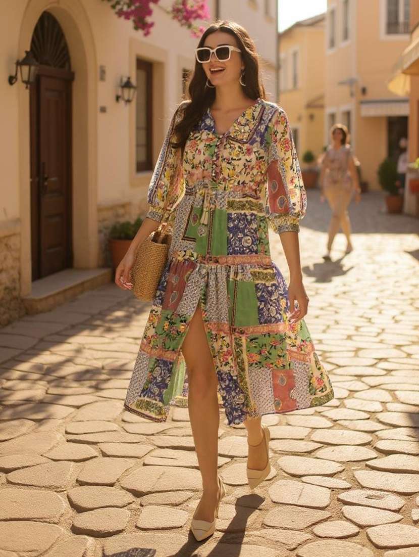 women printed three quarter sleeves tiered dress - 21768155 - Zoom Image - 0