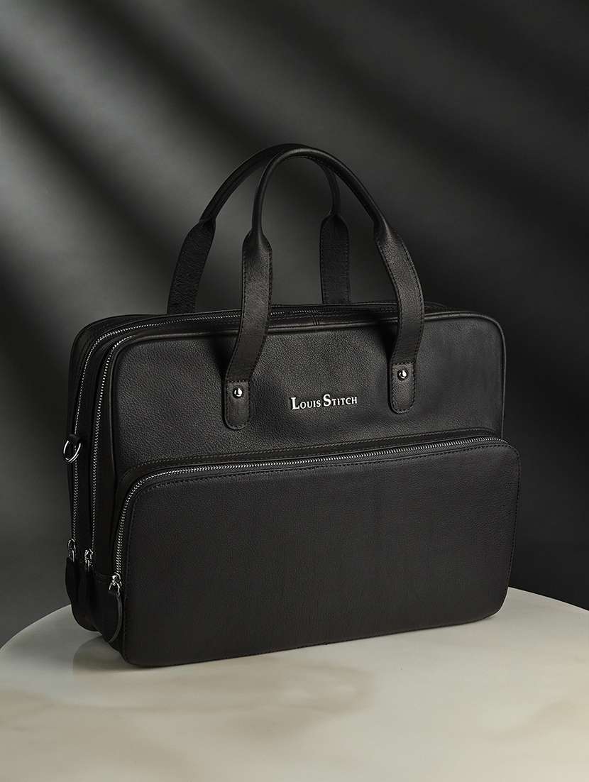 men leather zip closure laptop bag