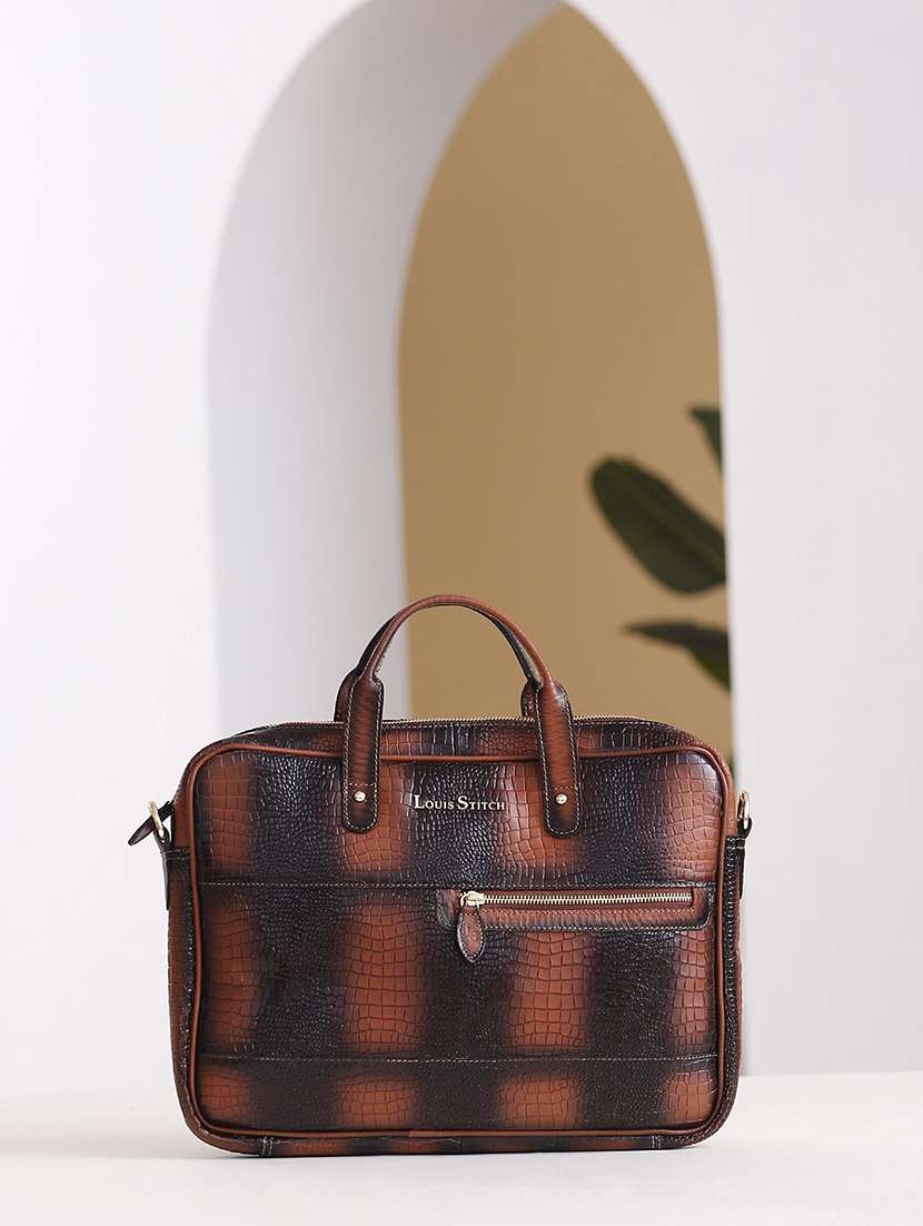 men leather zip closure laptop bag