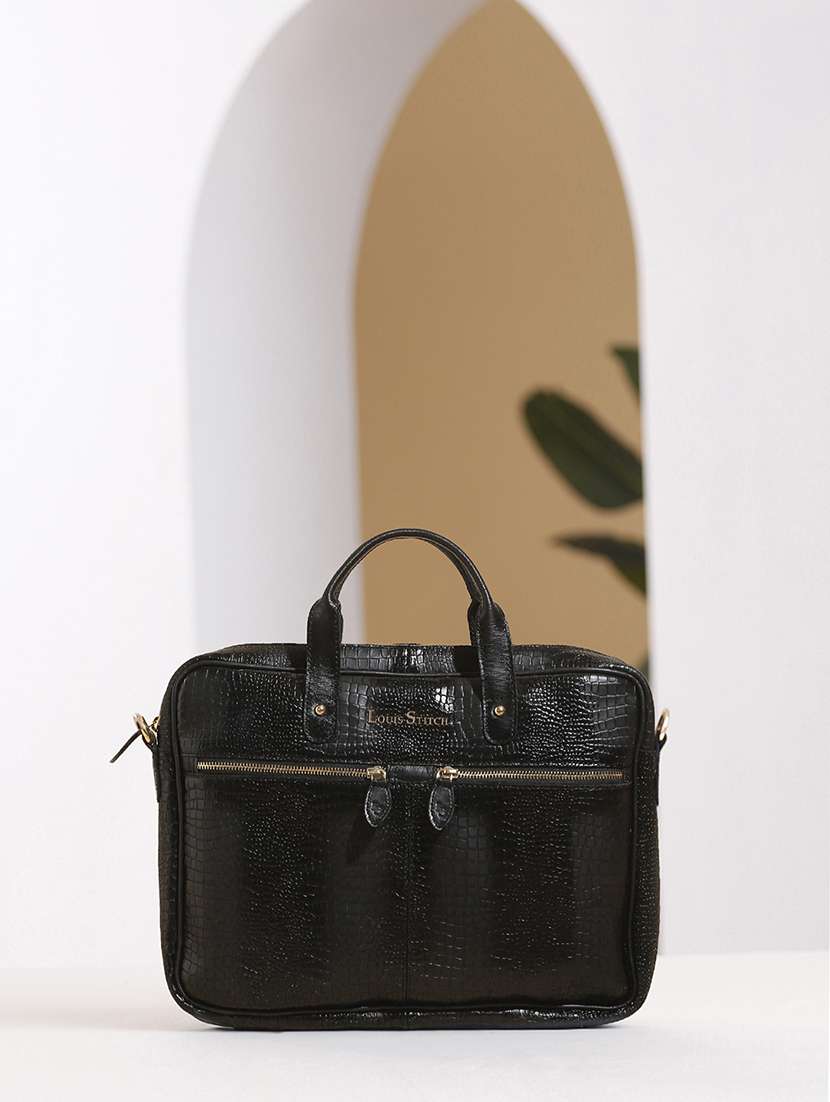 men leather zip closure laptop bag