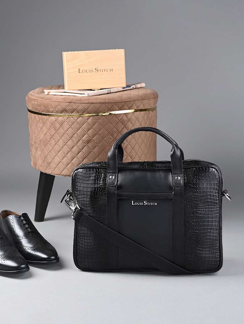 men leather zip closure laptop bag