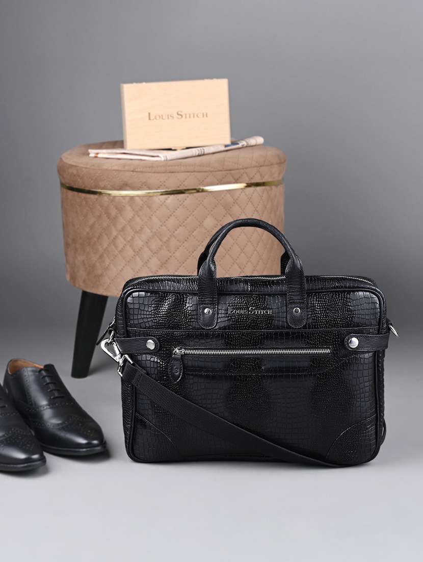 men leather zip closure laptop bag