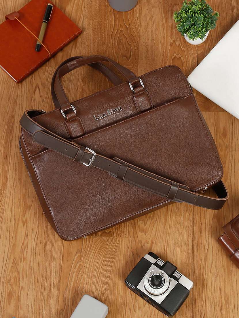 men leather zip closure laptop bag