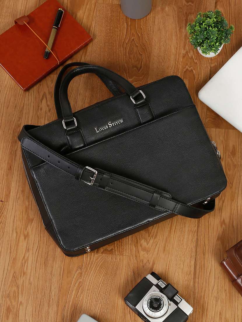 men leather zip closure laptop bag