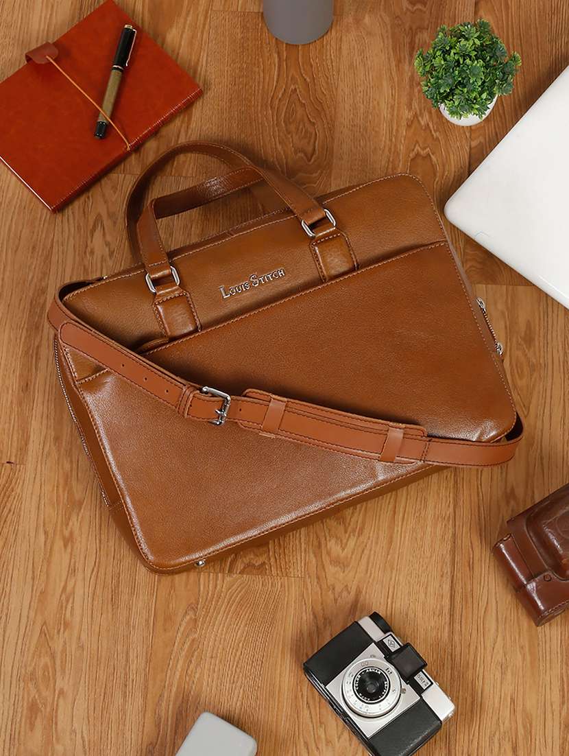 men leather zip closure laptop bag