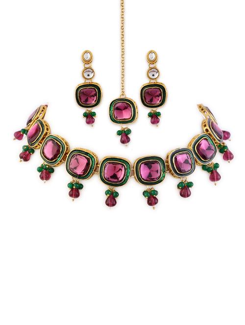 alloy pink necklace earring with tikka jewellery set - 21775538 - Standard Image - 0