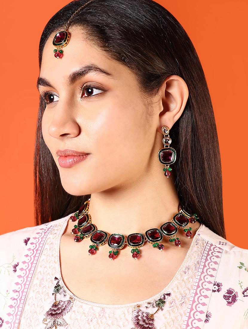 alloy pink necklace earring with tikka jewellery set - 21775538 - Standard Image - 1