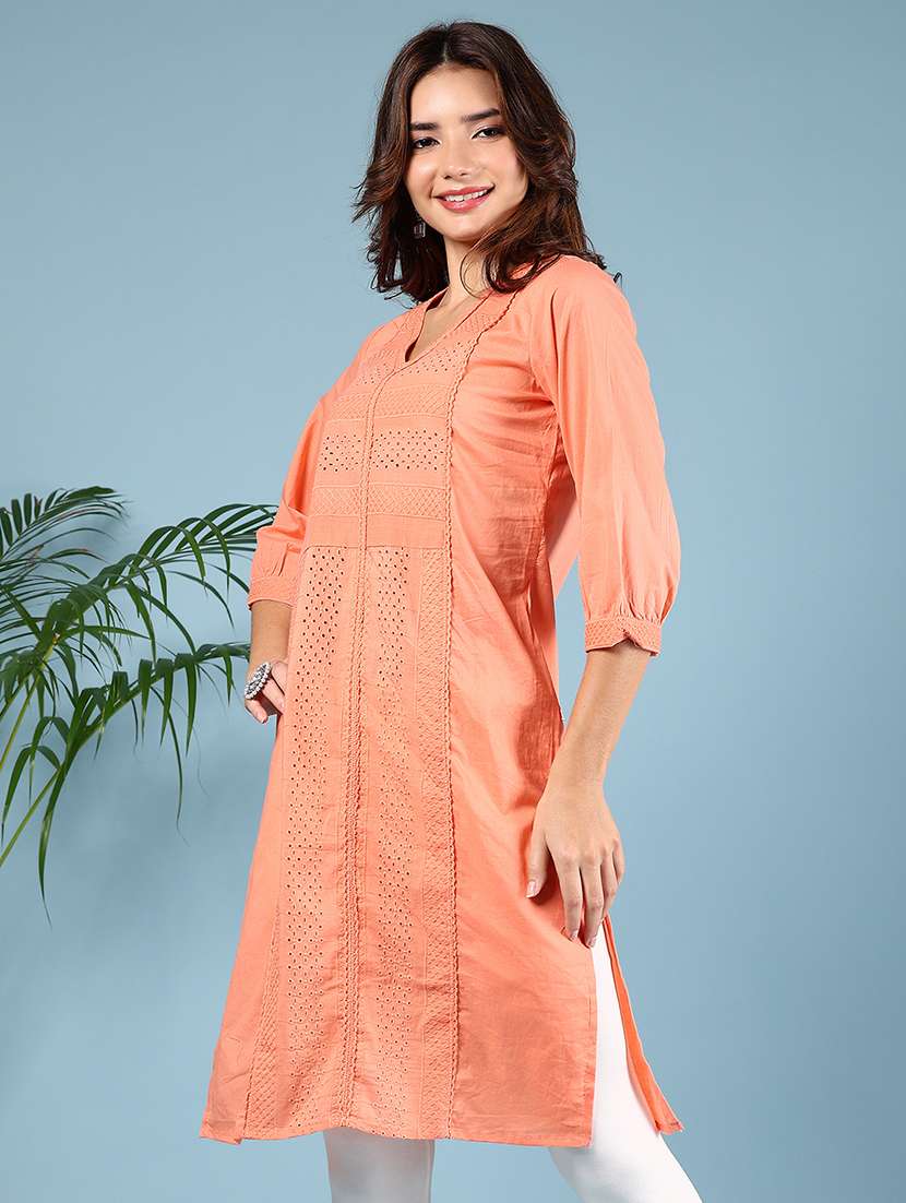 womenthree quarter sleeve straight schiffli kurta - 21784474 -  Standard Image - 1