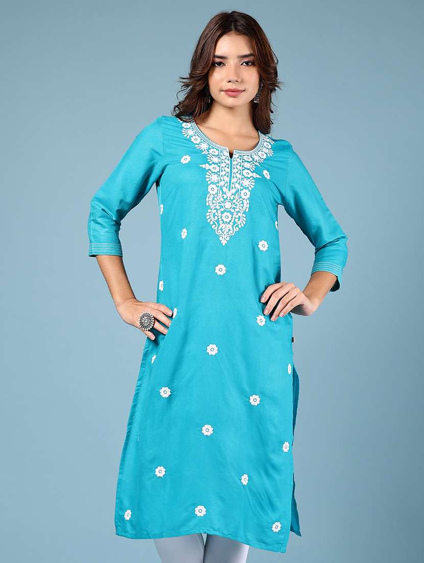 women blue three quarter sleeve straight kurta - 21784475 - Zoom Image - 0